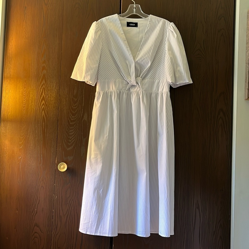 Cider short sleeved white midi dress with tiny black stripes. Size Large.